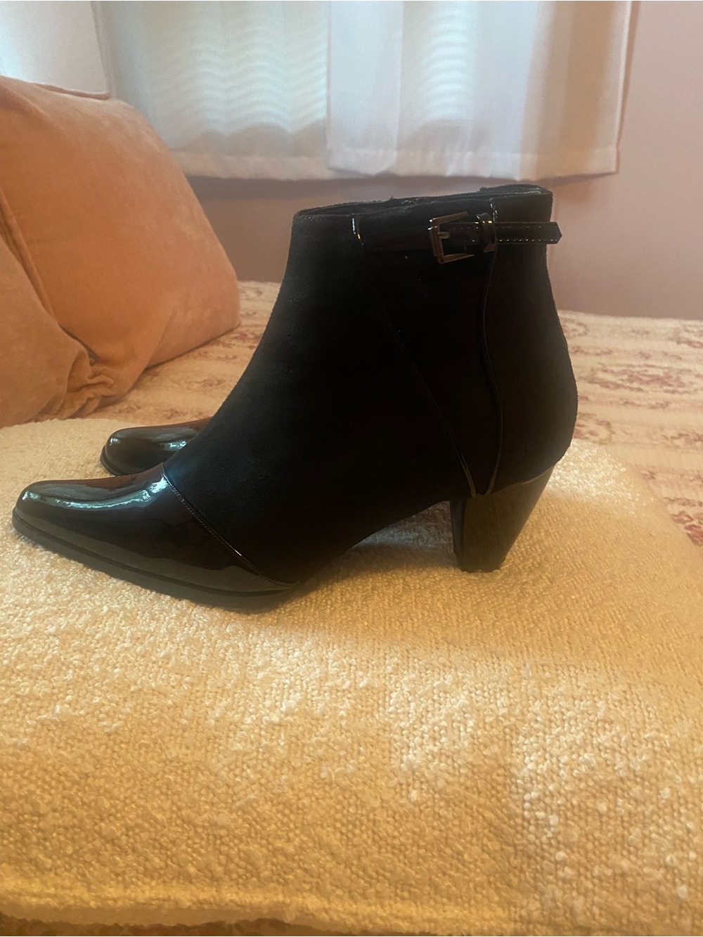 Classic Black Ankle Booties with Patent Toe and Buckle